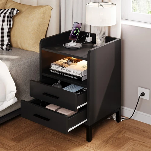 Nightstand with Charging Station & LED Lights 2 Dr